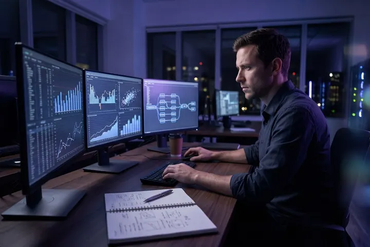 Analista diante de vários monitores com gráficos de emprego