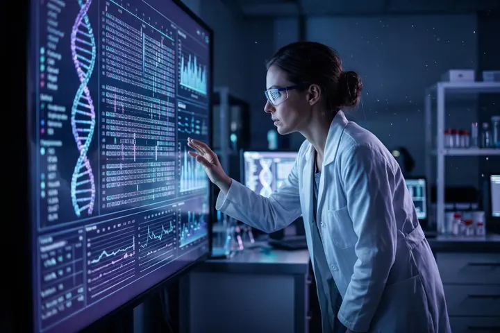 Cientista examinando uma sequência de DNA em uma grande tela