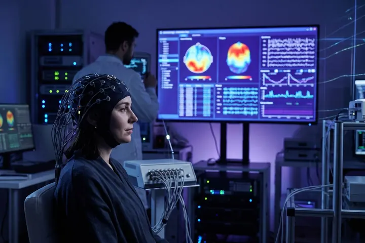 Laboratório de neurotecnologia com uma paciente usando touca de eletroencefalograma