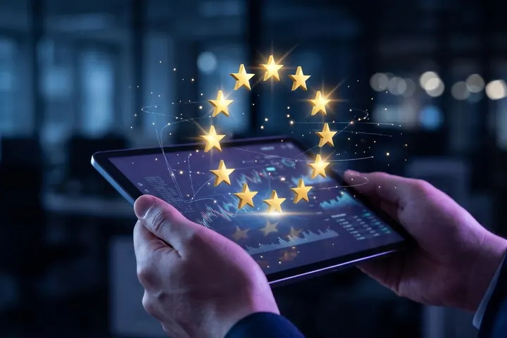 Mãos com um tablet e um holograma de doze estrelas douradas