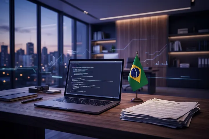 Mesa legislativa com um laptop, projetos de lei impressos e uma bandeira do Brasil