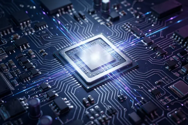 Microchip de inteligência artificial iluminado sobre uma placa de circuito