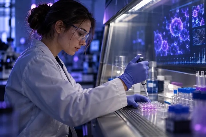Pesquisadora com pipeta diante de uma tela com células ao microscópio