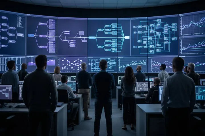 Pessoas diante de uma parede de telas com diagramas de cenários