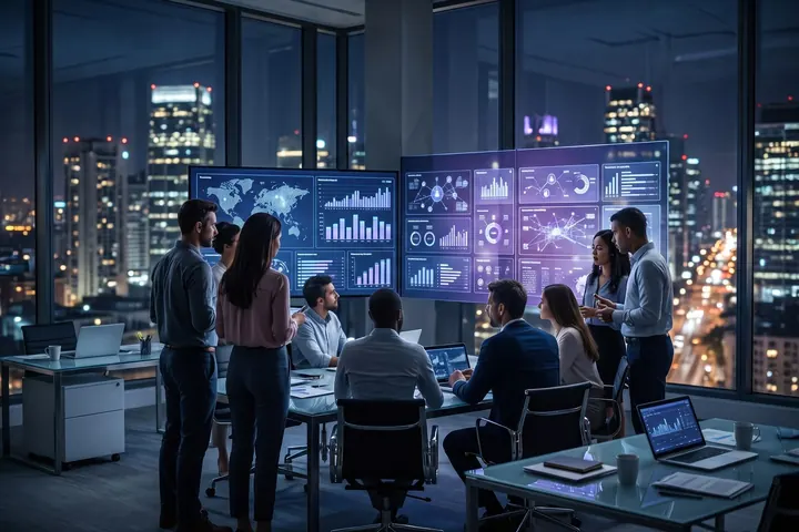 Profissionais diante de telas com gráficos sobre emprego e habilidades