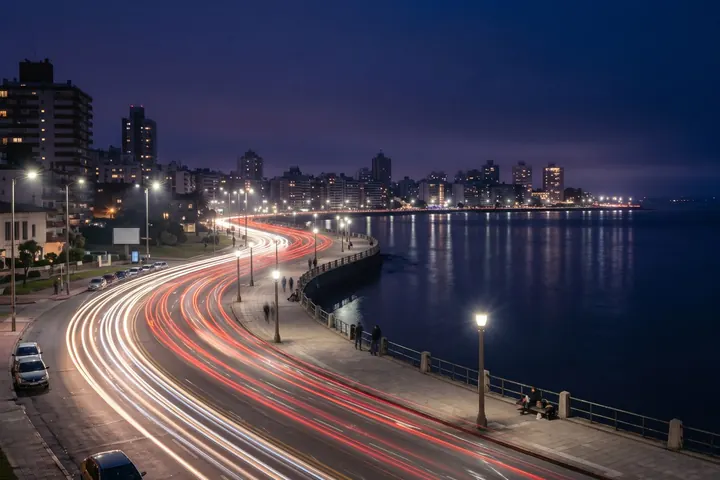 Rambla de Montevidéu à noite, com rastros de luz do trânsito junto ao rio