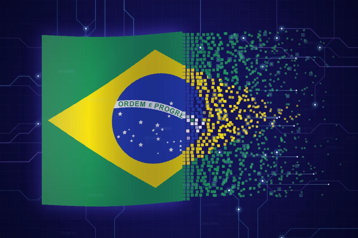 Bandeira do Brasil que se dissolve em pixels e circuitos sobre um fundo digital