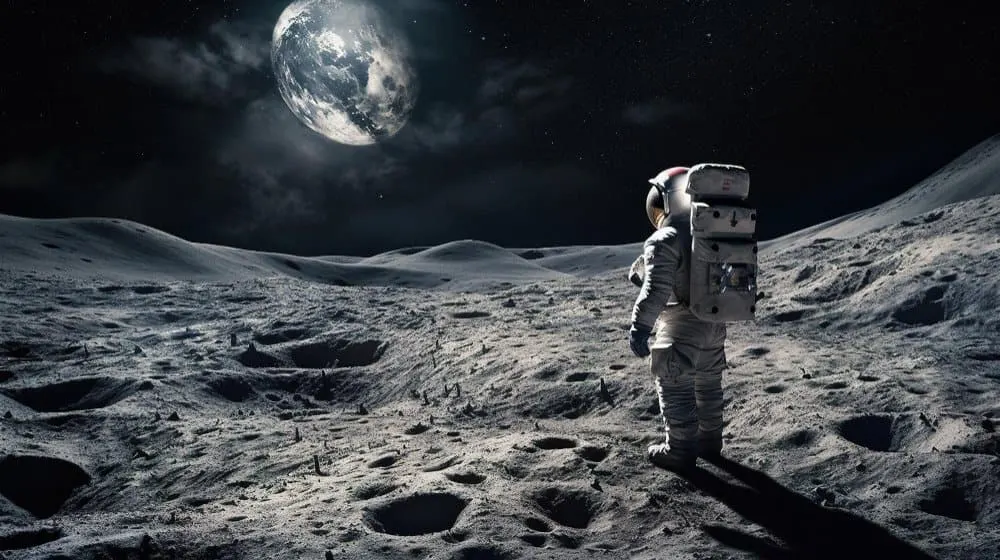 Astronauta em pé sobre a superfície lunar cheia de crateras, com a Terra visível no céu negro