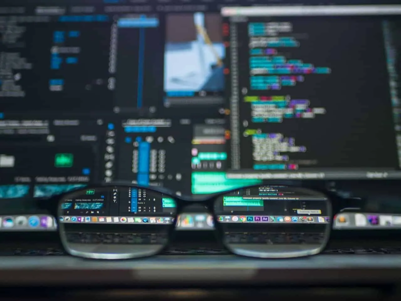 Óculos apoiados sobre um teclado diante de telas desfocadas com código de programação e painéis de software