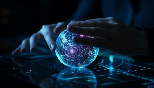 Duas mãos envolvem um globo holográfico luminoso sobre uma superfície com traços digitais, em um ambiente escuro