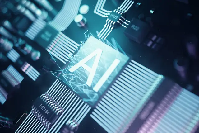 Chip de placa de circuito com as letras AI iluminadas no centro e trilhas luminosas em tons de azul-claro