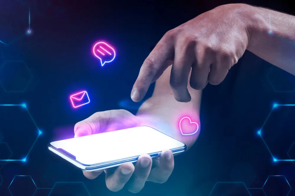 Mão tocando a tela de um celular com ícones de mensagem, e-mail e coração em neon rosa flutuando sobre fundo azul escuro.