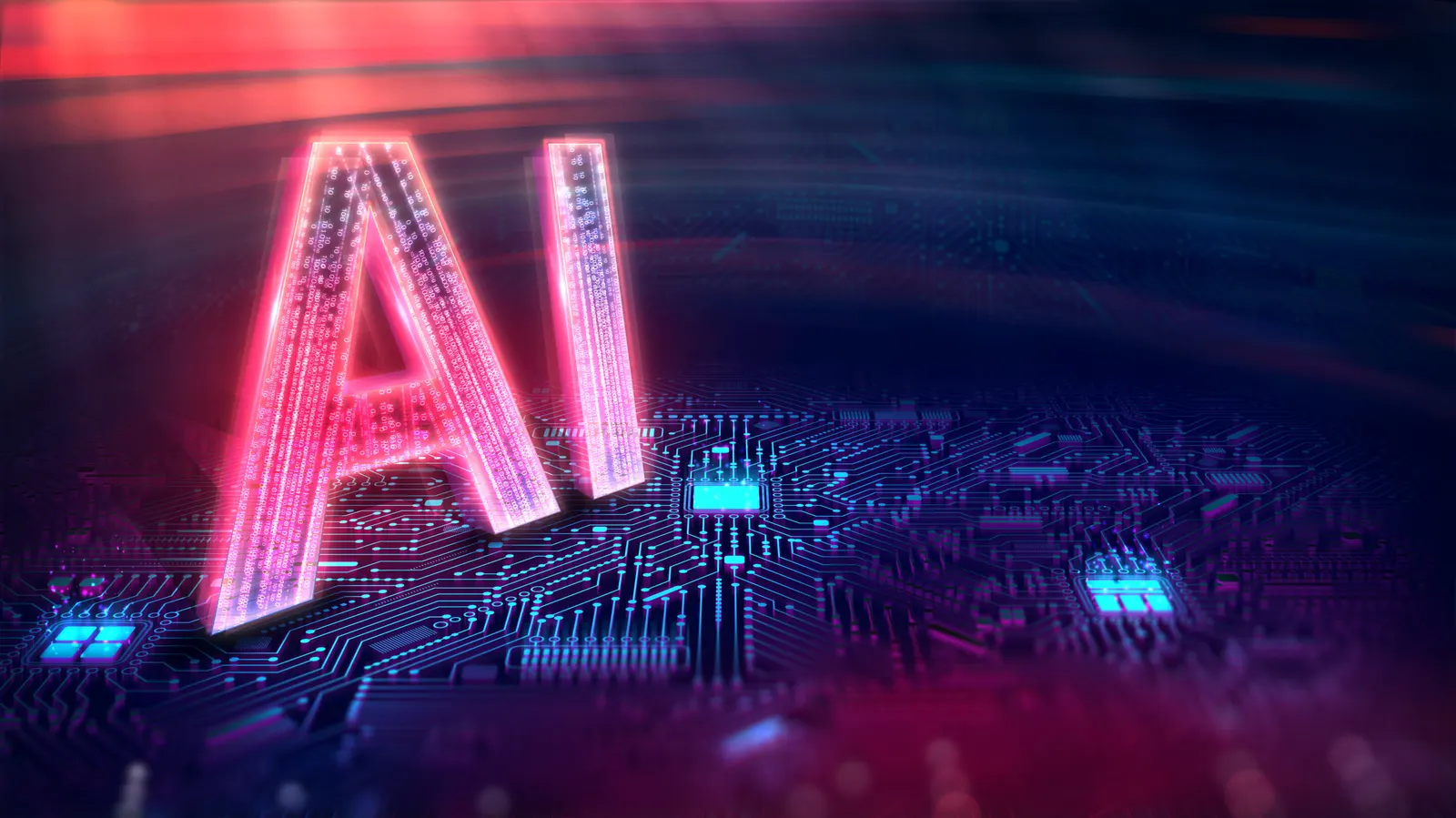 Letras AI vermelhas e luminosas sobre um circuito eletrônico escuro com detalhes azuis, em um ambiente digital.
