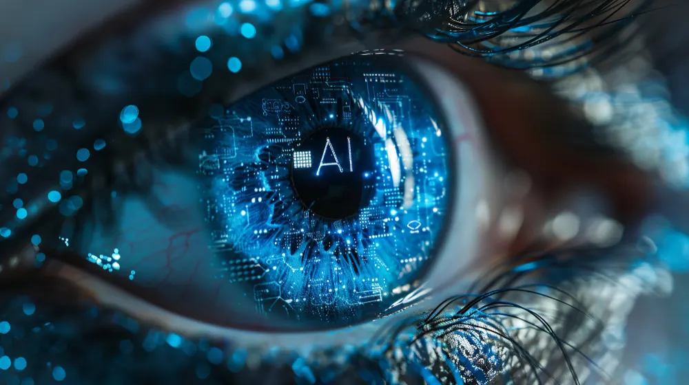 Close de um olho humano com o reflexo de um circuito azul e as letras AI na pupila, que sugere vigilância com inteligência artificial.