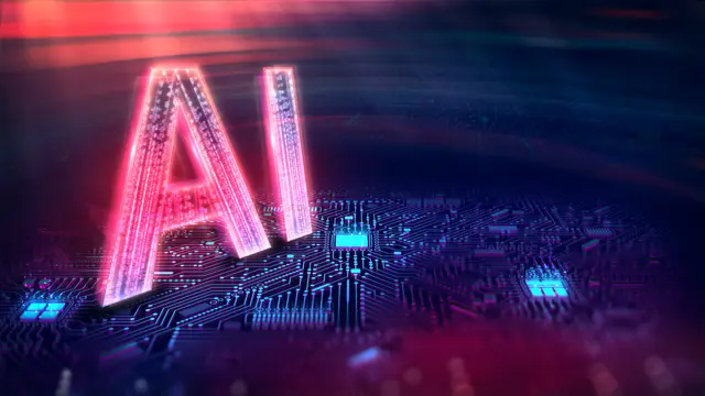 Letras AI vermelhas e luminosas sobre um circuito eletrônico escuro com detalhes azuis, em um ambiente digital.