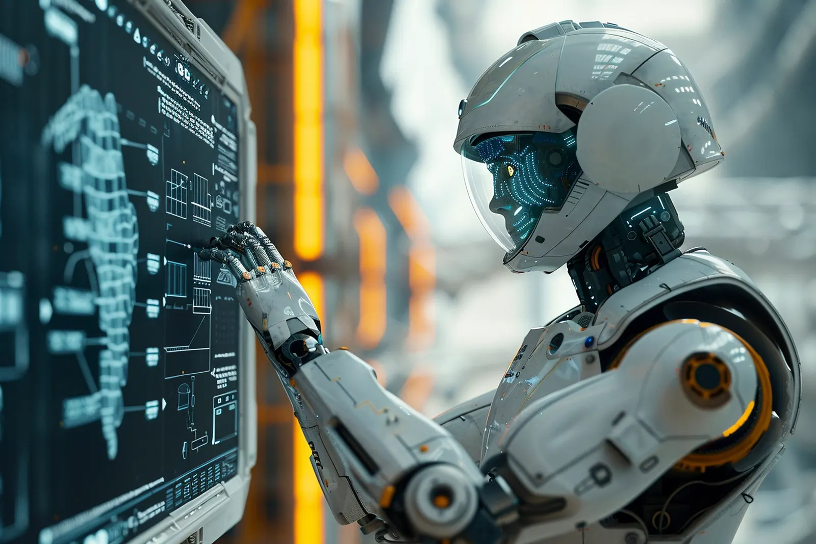 Robô humanoide branco com capacete e viseira que toca com a mão uma tela com esquemas técnicos, em um ambiente industrial.