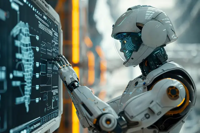 Robô humanoide branco com capacete e viseira que toca com a mão uma tela com esquemas técnicos, em um ambiente industrial.