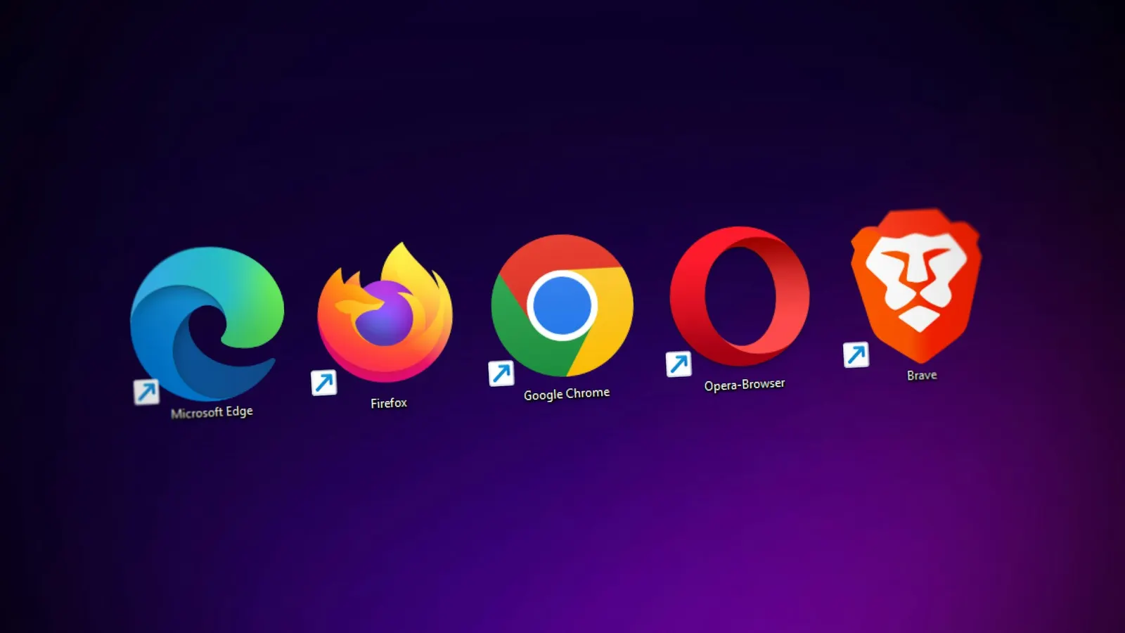 Ícones de cinco navegadores, entre eles Edge, Firefox, Chrome, Opera e Brave, sobre um fundo degradê roxo.