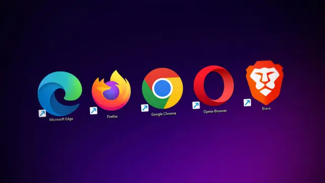 Ícones de cinco navegadores, entre eles Edge, Firefox, Chrome, Opera e Brave, sobre um fundo degradê roxo.