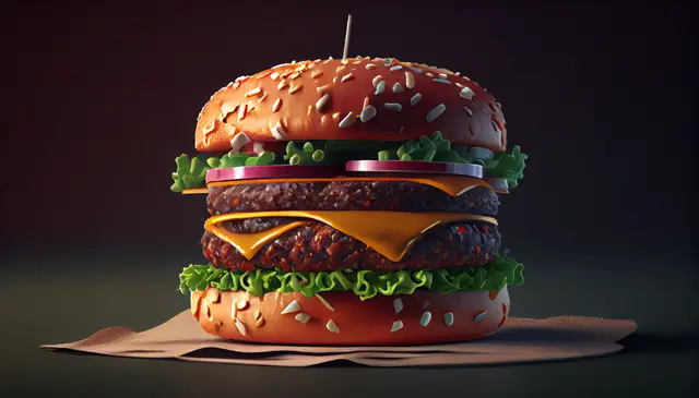 Hambúrguer duplo com queijo, alface e cebola roxa sobre papel, ilustração gerada digitalmente sobre fundo escuro.