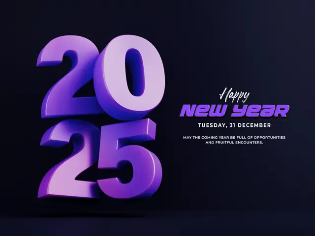Números 2025 em três dimensões, em violeta sobre fundo escuro, ao lado de uma mensagem de feliz ano novo de 31 de dezembro.