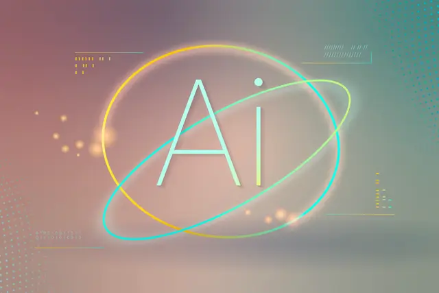 As letras AI cercadas por duas órbitas luminosas, uma amarela e outra turquesa, sobre um fundo degradê rosado e verde.