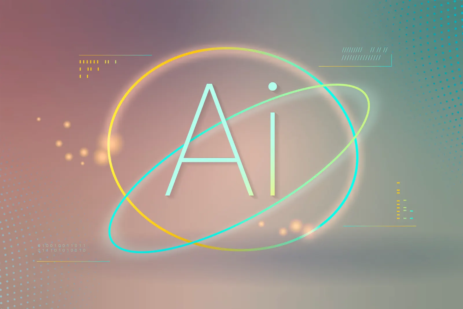 As letras AI cercadas por duas órbitas luminosas, uma amarela e outra turquesa, sobre um fundo degradê rosado e verde.