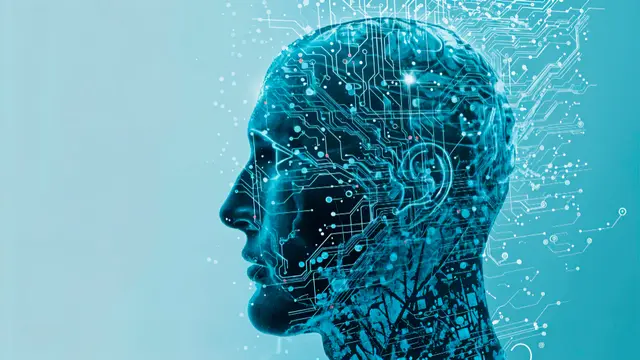 Perfil de uma cabeça humana em tons de azul-claro com circuitos e pontos de luz que se espalham sobre o cérebro.