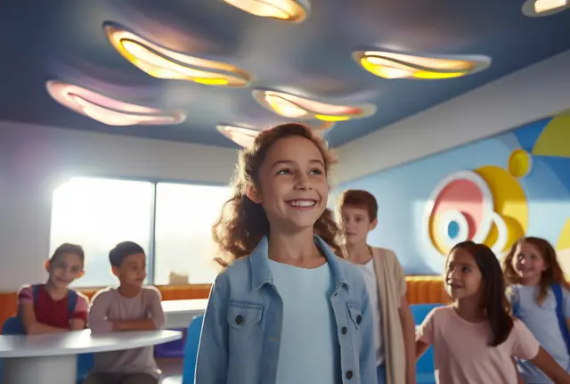 Uma menina sorri à frente de um grupo de crianças em uma sala de aula iluminada, com luminárias ovais no teto e um mural colorido.