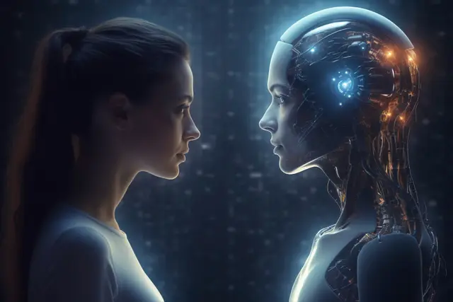 Uma mulher e um robô de rosto humanoide se olham de perfil sobre um fundo azul-escuro com números, em uma cena de luz fria.