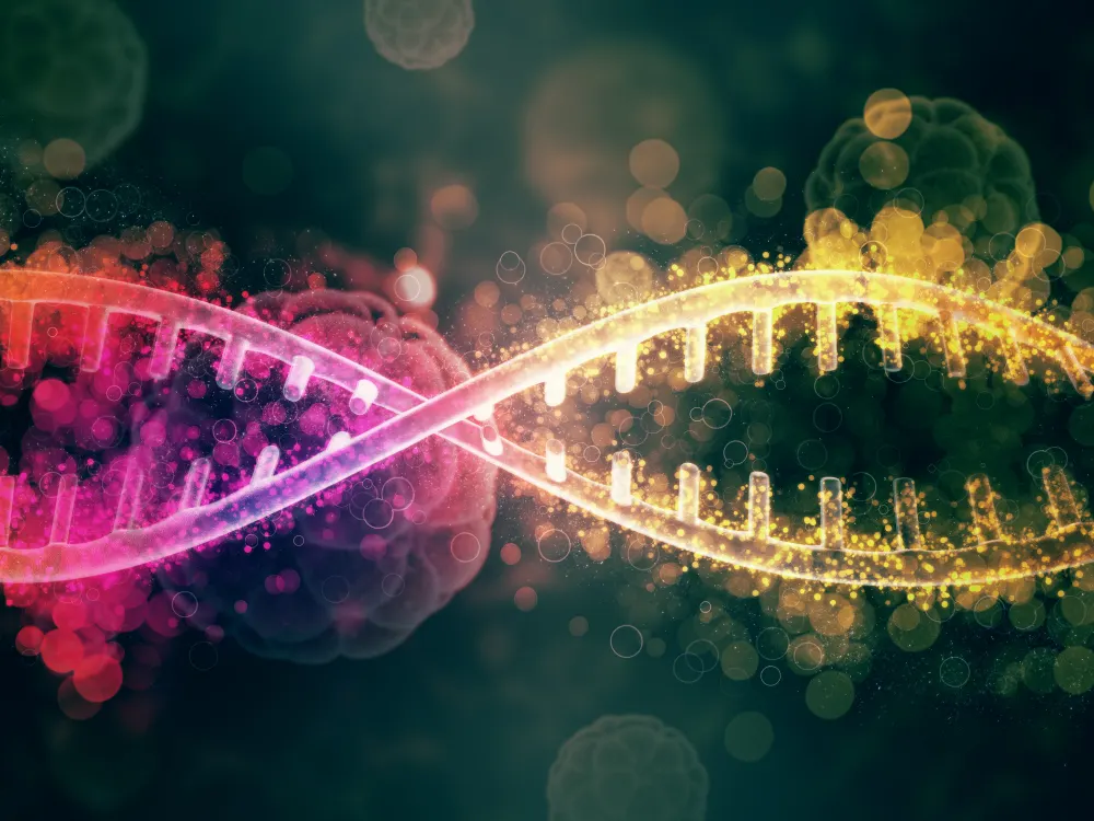 Dupla hélice de DNA luminosa em tons de rosa e dourado sobre um fundo escuro com formas celulares desfocadas.