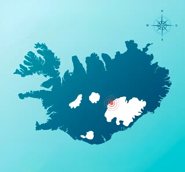 Mapa estilizado de uma ilha em azul-escuro sobre fundo azul-claro, com uma bússola e um ponto vermelho sobre uma área branca