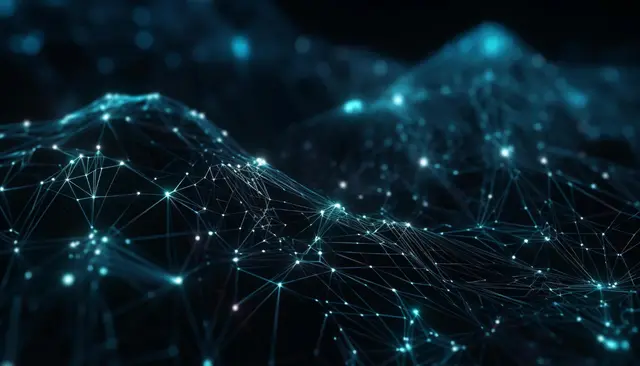 Rede de pontos luminosos ligados por linhas finas sobre um fundo escuro, que desenha um relevo de montanhas digitais