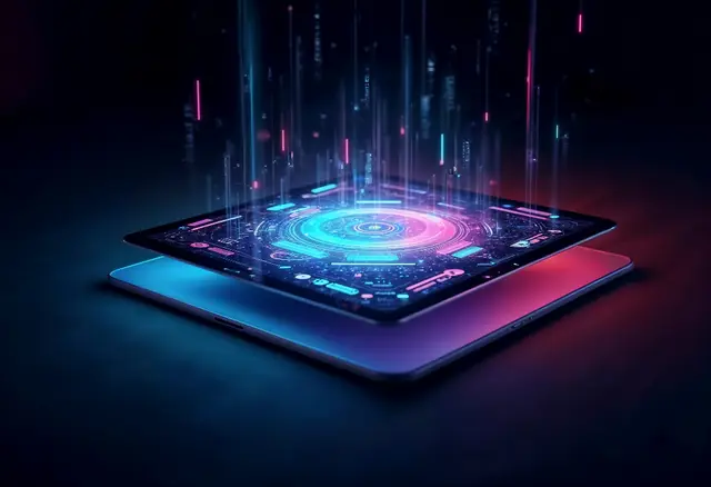 Tablet futurista com anéis de luz de néon e colunas de dados que sobem sobre um fundo escuro, imagem da tecnologia cujos benefícios Altman quer distribuir
