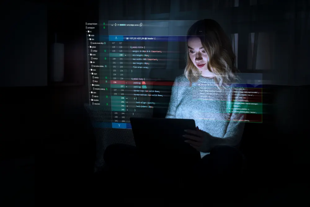 Mulher diante de um laptop em um quarto escuro, com linhas de código projetadas sobre ela, imagem do desenvolvimento de software de inteligência artificial