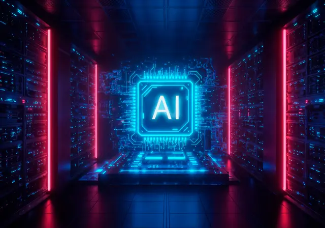 Chip luminoso com as letras AI no centro de um corredor de servidores iluminado em azul e vermelho, símbolo da infraestrutura da inteligência artificial