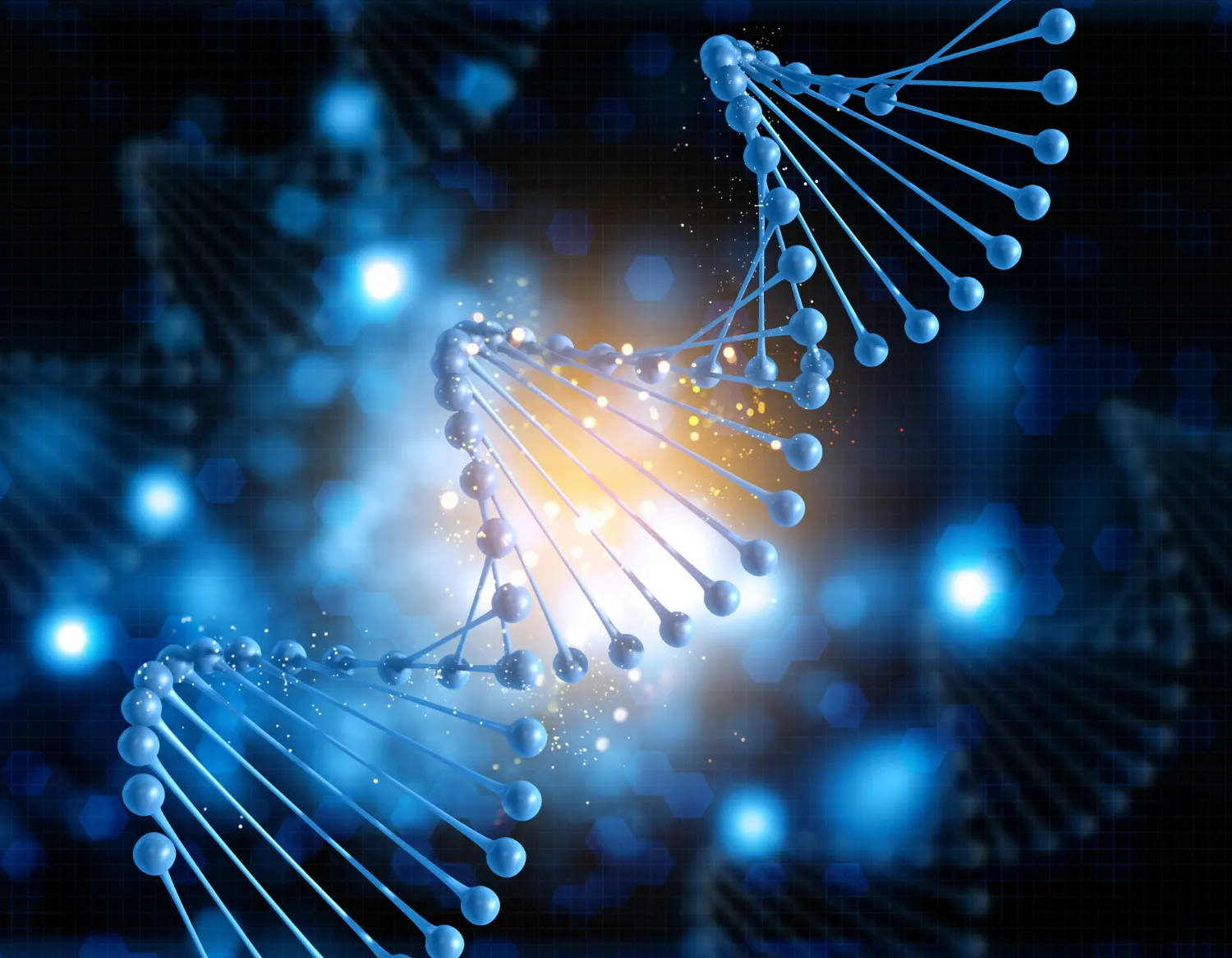 Dupla hélice de DNA azul com um núcleo de luz dourada sobre um fundo escuro, imagem da biologia que Kurzweil espera reprogramar com IA
