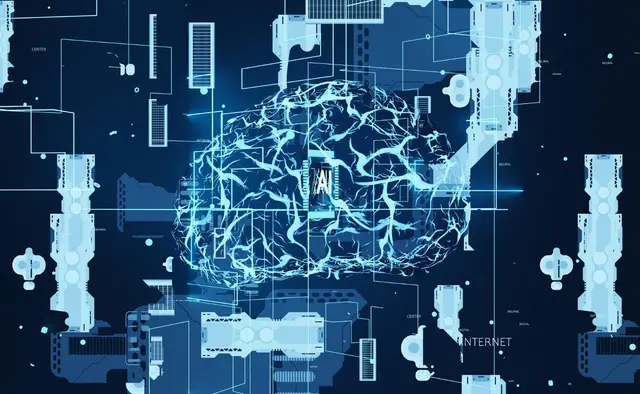 Cérebro de linhas luminosas azuis sobre um fundo de circuitos, imagem da tecnologia digital cujo poder o discurso de Mattarella questiona