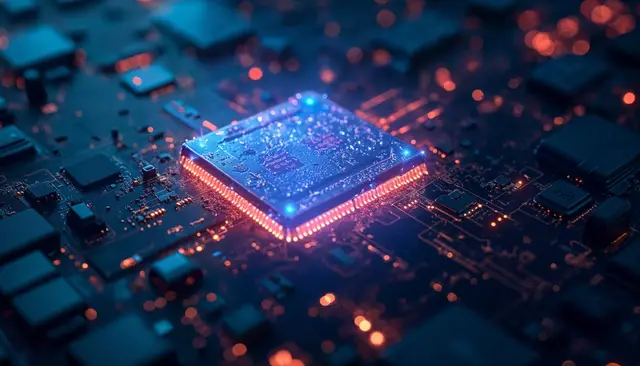 Chip luminoso com bordas vermelhas e azuis sobre uma placa de circuitos escura