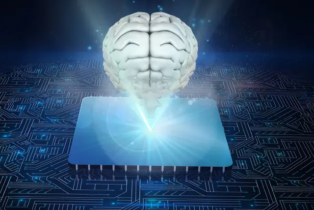Cérebro branco flutuando sobre um chip luminoso, com circuitos azuis abaixo, para ilustrar a visão de Altman de uma IA que escala com a infraestrutura