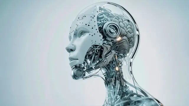 Cabeça de robô humanoide prateada com um cérebro visível, sobre fundo claro