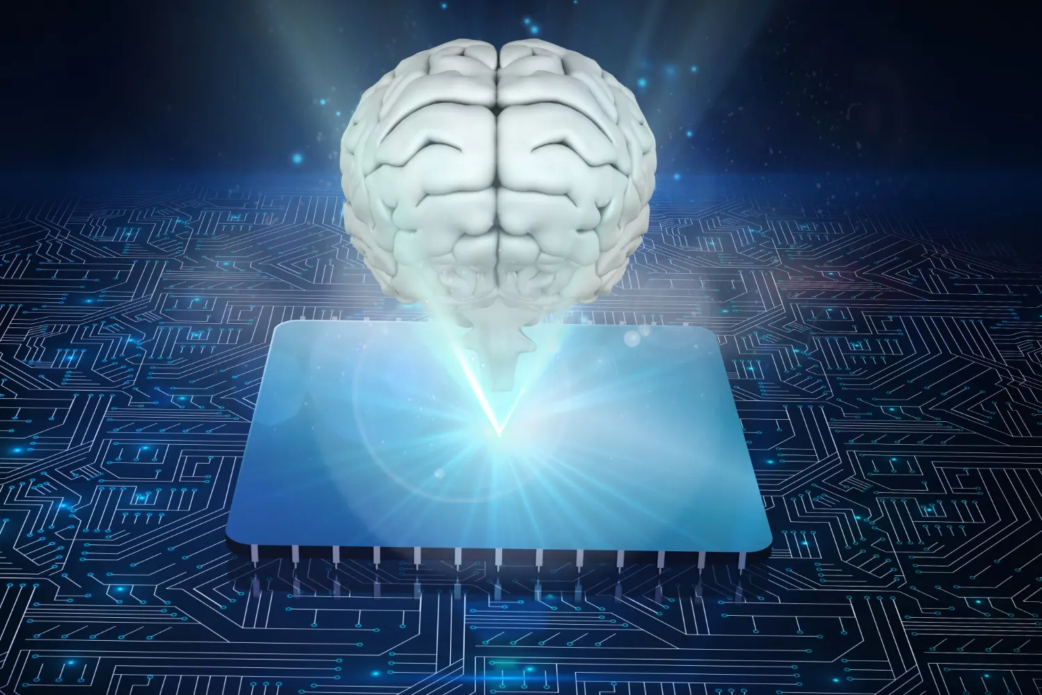 Cérebro branco flutuando sobre um chip luminoso, com circuitos azuis abaixo, para ilustrar a visão de Altman de uma IA que escala com a infraestrutura