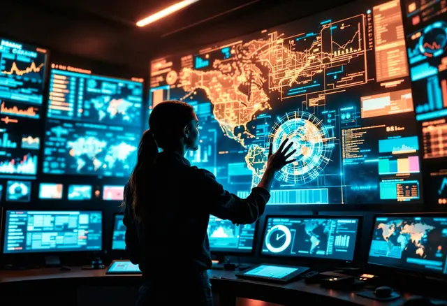 Mulher diante de uma parede de telas com um mapa-múndi e painéis de dados em uma sala de controle