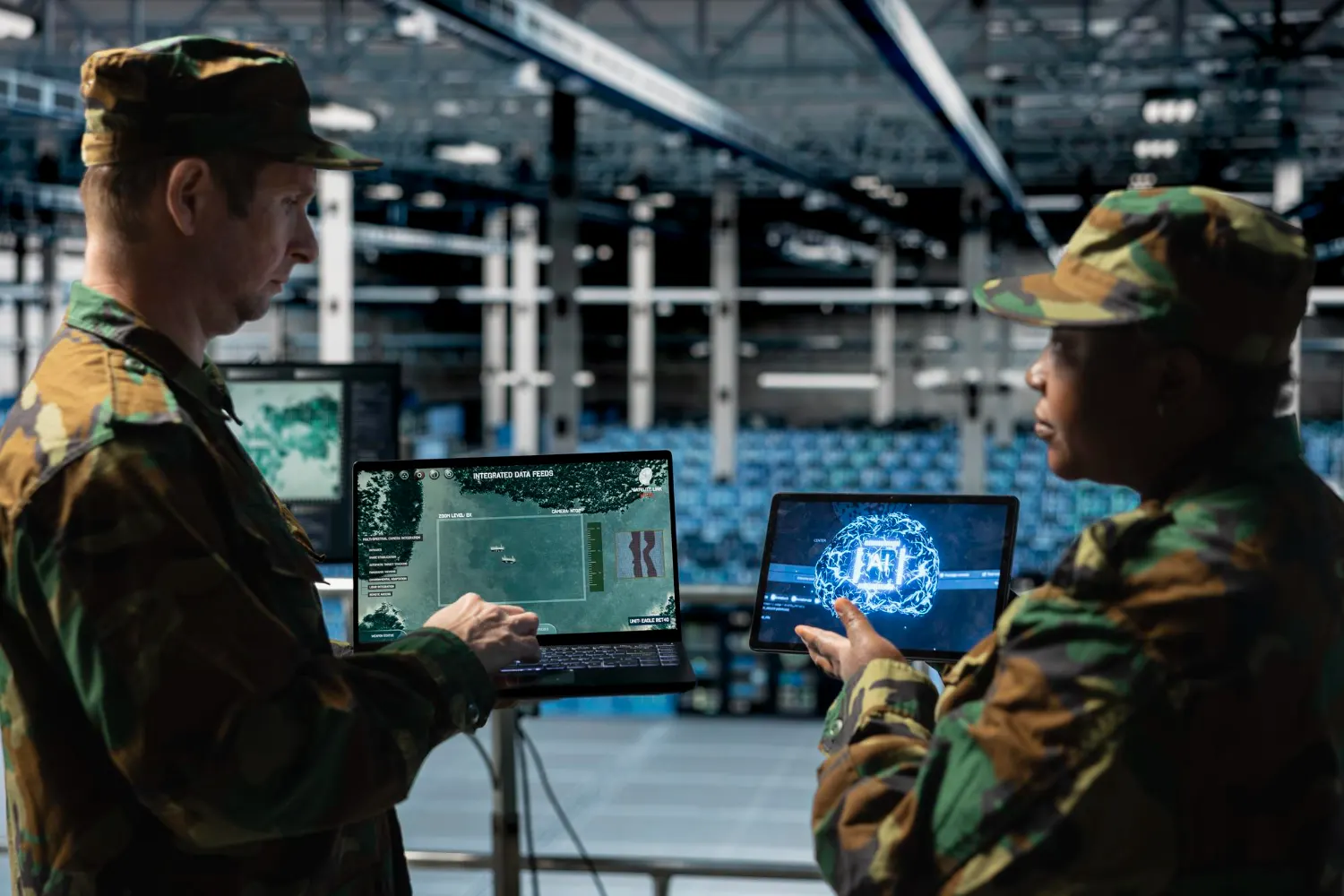 Dois militares de uniforme camuflado consultam mapas e uma tela com um cérebro digital em notebooks, dentro de um grande hangar