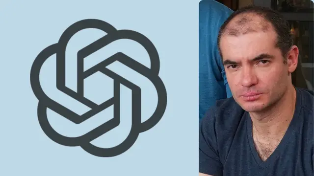 Logotipo da OpenAI ao lado do retrato de um homem de cabelo curto e camiseta azul, sobre um fundo azul-claro