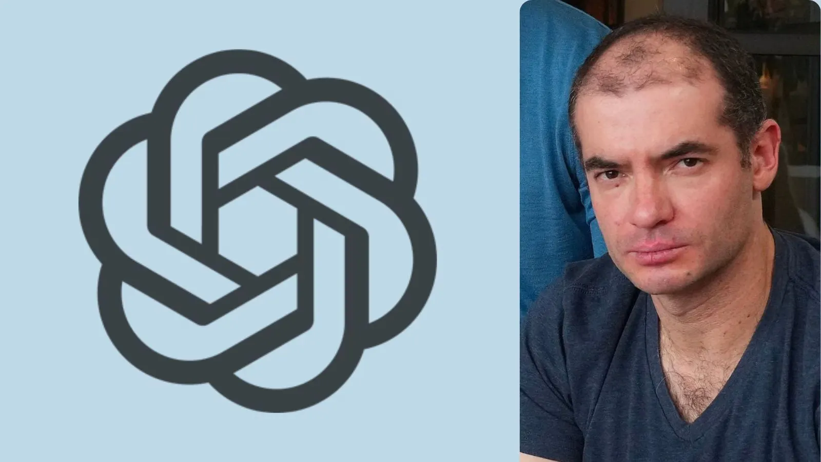 Logotipo da OpenAI ao lado do retrato de um homem de cabelo curto e camiseta azul, sobre um fundo azul-claro