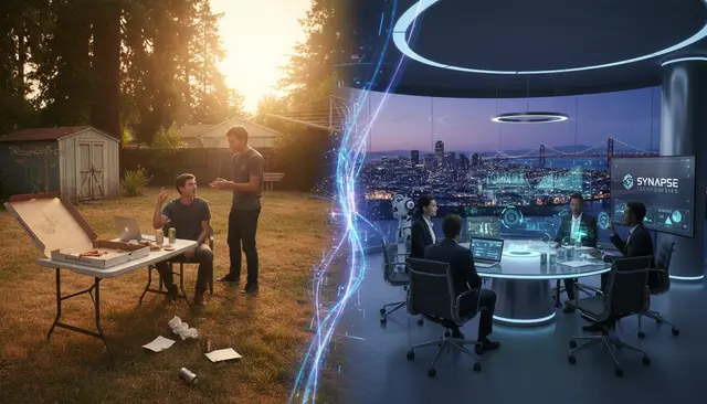 Dois jovens com pizza e um notebook em um jardim e, do outro lado, uma sala de reuniões futurista com executivos e uma cidade noturna