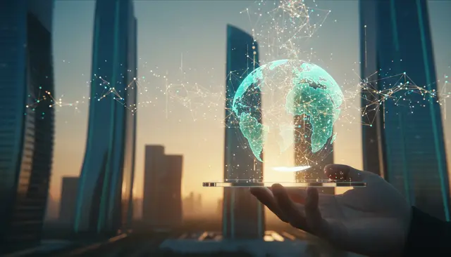Mão aberta que sustenta um globo terrestre holográfico entre arranha-céus ao entardecer