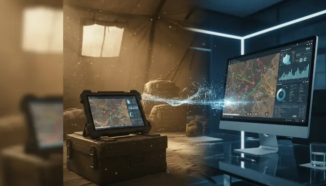 Tablet militar sobre uma caixa de campanha em uma tenda, ligado por um feixe de dados a um monitor de escritório que mostra o mesmo mapa