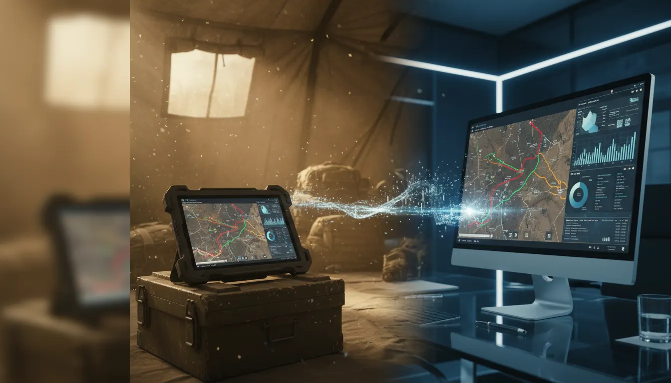 Tablet militar sobre uma caixa de campanha em uma tenda, ligado por um feixe de dados a um monitor de escritório que mostra o mesmo mapa